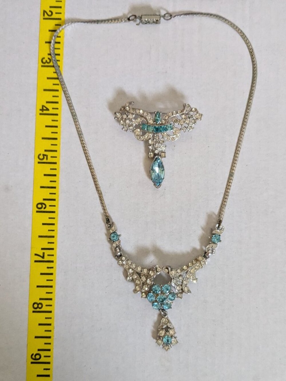 Vintage MCM Clear Blue Crystal Rhinestone Necklace & Brooch Set
